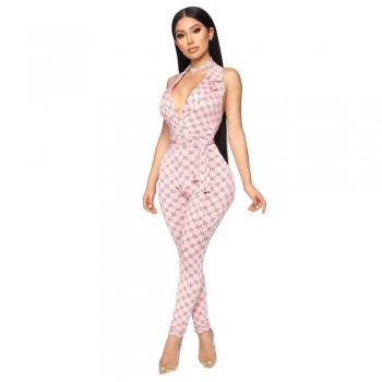 Zoctuo 2020 Summer Autumn Rompers Womens Jumpsuit Plaid Sexy Halter Temperament commute Middle Waist Tight with Belt Jumpsuit